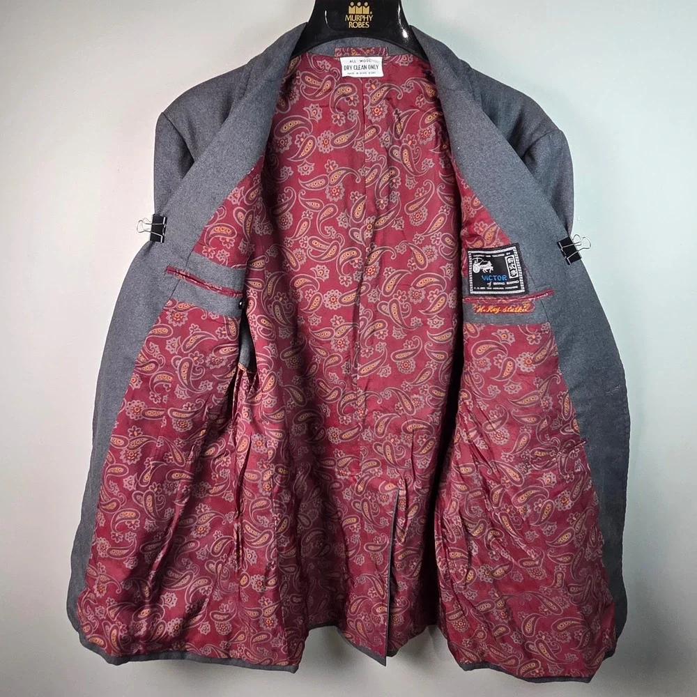 Victor of Hong Kong Blazer Mens 46 Grey Excellent Wool Paisley Lining Vintage